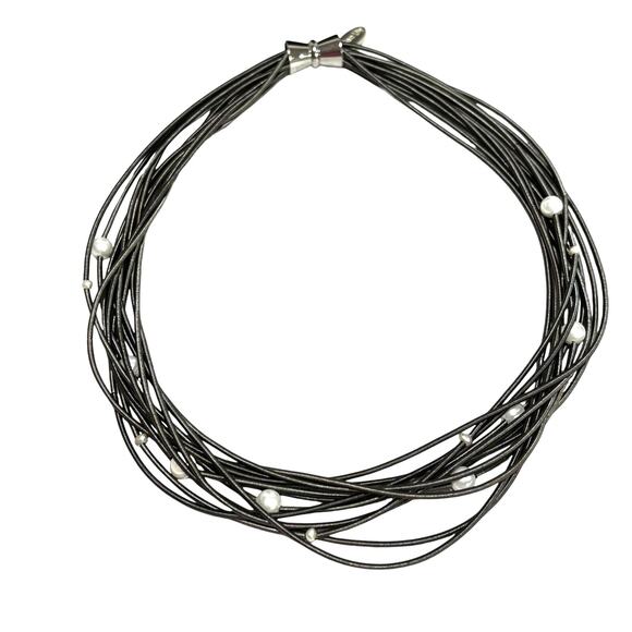 Sea Lily silvery piano wire multistrand chain & faux pearl beads choker necklace - Picture 2 of 6